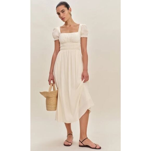 Reformation Dresses & Skirts - Reformation Miel Dress Ivory Puff Sleeve Smocked Midi Cottagecore Size 2
